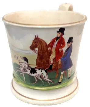 Antique Victorian hand painted cup hunting dogs horseman scene