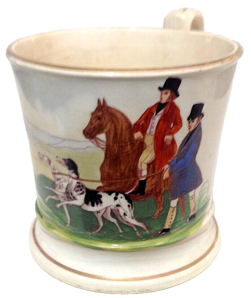 Antique Victorian hand painted cup hunting dogs horseman scene