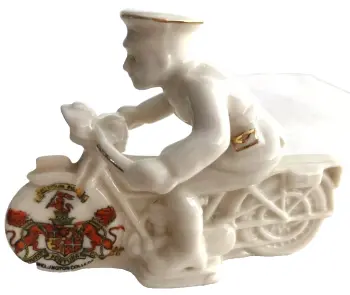 Antique WW1 crested china "Dispatch Rider" Wellington College" crest
