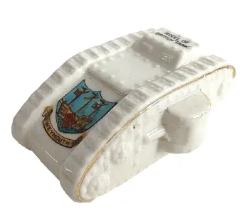 Antique WW1 crested china model of a British tank Weymouth crest Regis