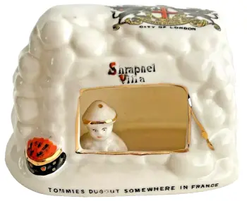 Antique WW1 crested china Shrapnel Villa Tommies Dugout City of London crest