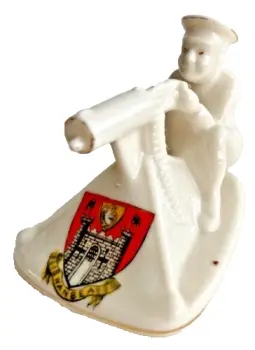 Antique WW1 crested china soldier " Tommy with his Machine Gun " Swansea crest
