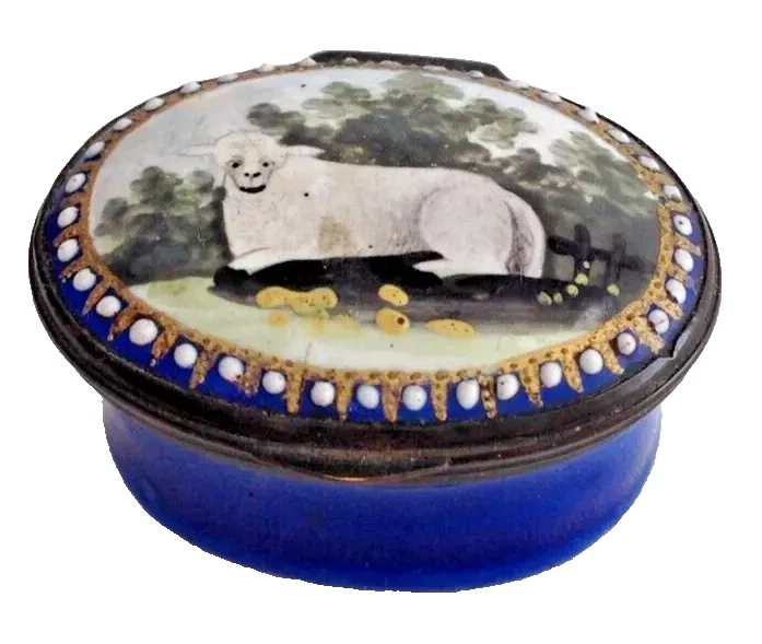 Antique enamel patch box original mirror sheep lamb