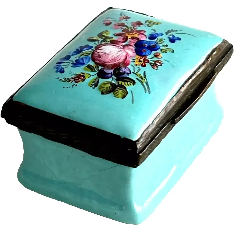 Antique Georgian enamelled enamel patch box turquoise flowers mirror
