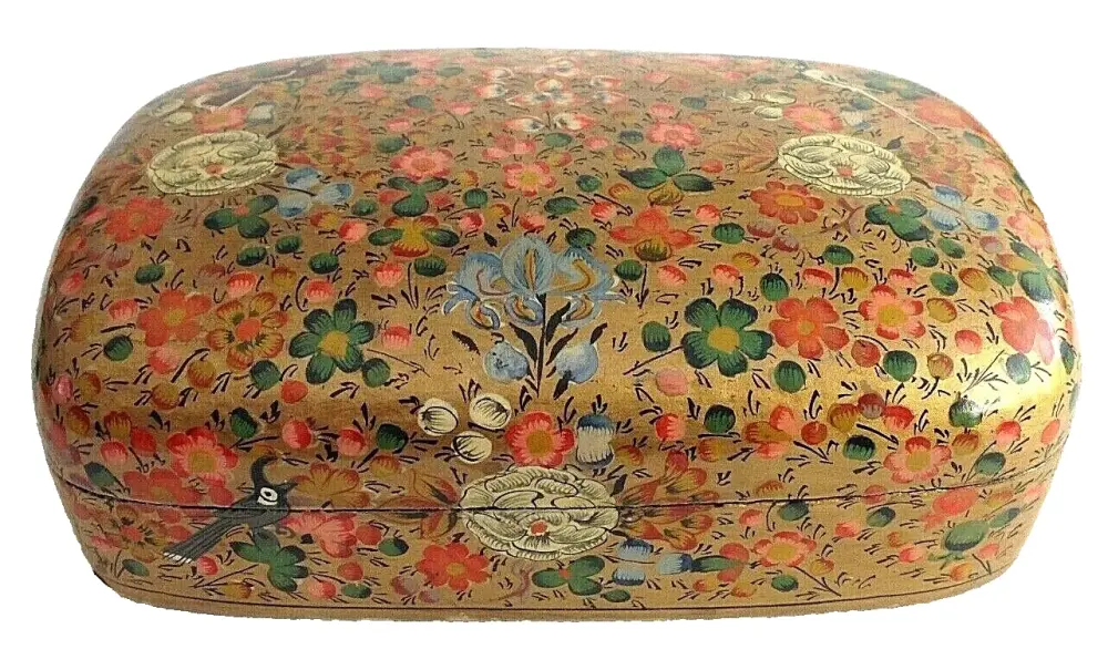 Vintage papier mache Kashmir Kashmiri box floral birds decoration