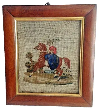 Antique 19th century Victorian needlepoint lady on prancing pony wooden frame