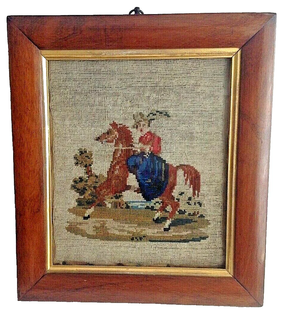 Antique 19th century Victorian needlepoint lady on prancing pony wooden fra