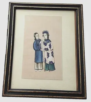 Antique Chinese watercolour pith paper framed embroidery robe shoes women