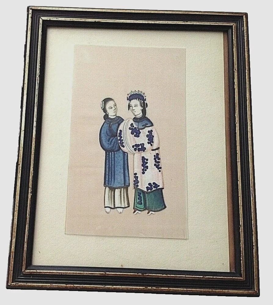 Antique Chinese watercolour pith paper framed embroidery robe shoes women