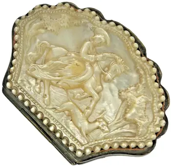 Antique palais royal 18th century carved M O P purse sidesaddle horse hunting