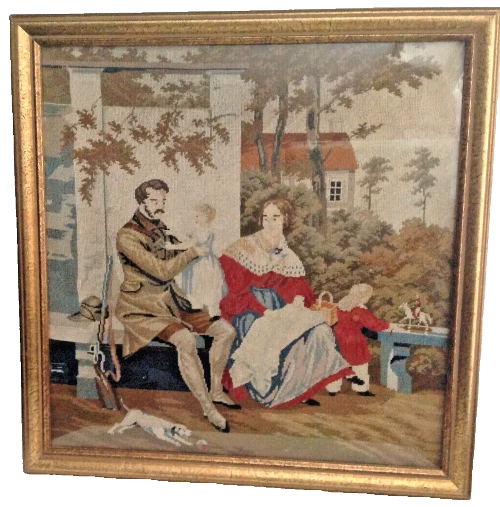 Antique needlepoint embroidery Victorian family baby little boy with toy ho