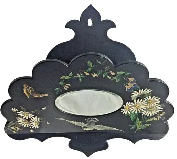 Antique wooden lacquered fan shaped mirror letter rack butterfly daisy decor
