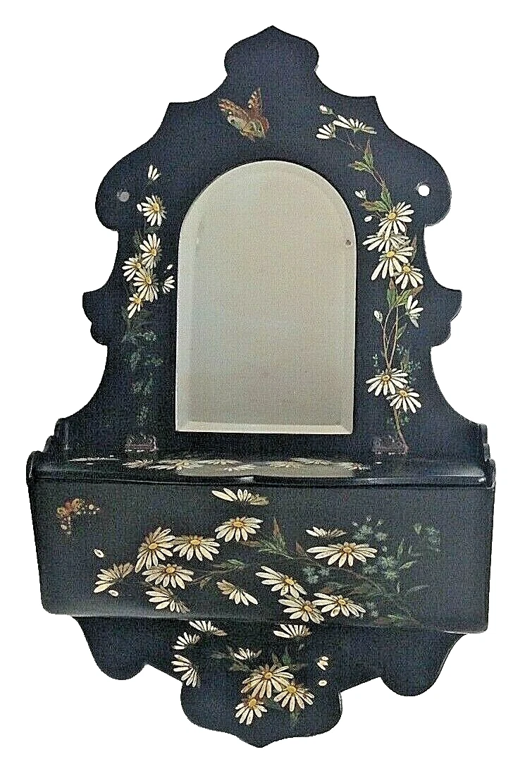 Antique wooden lacquered mirror storage box butterfly daisy decor