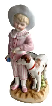 Antique Victorian fairing match striker little boy with dog Boheme stamp to base