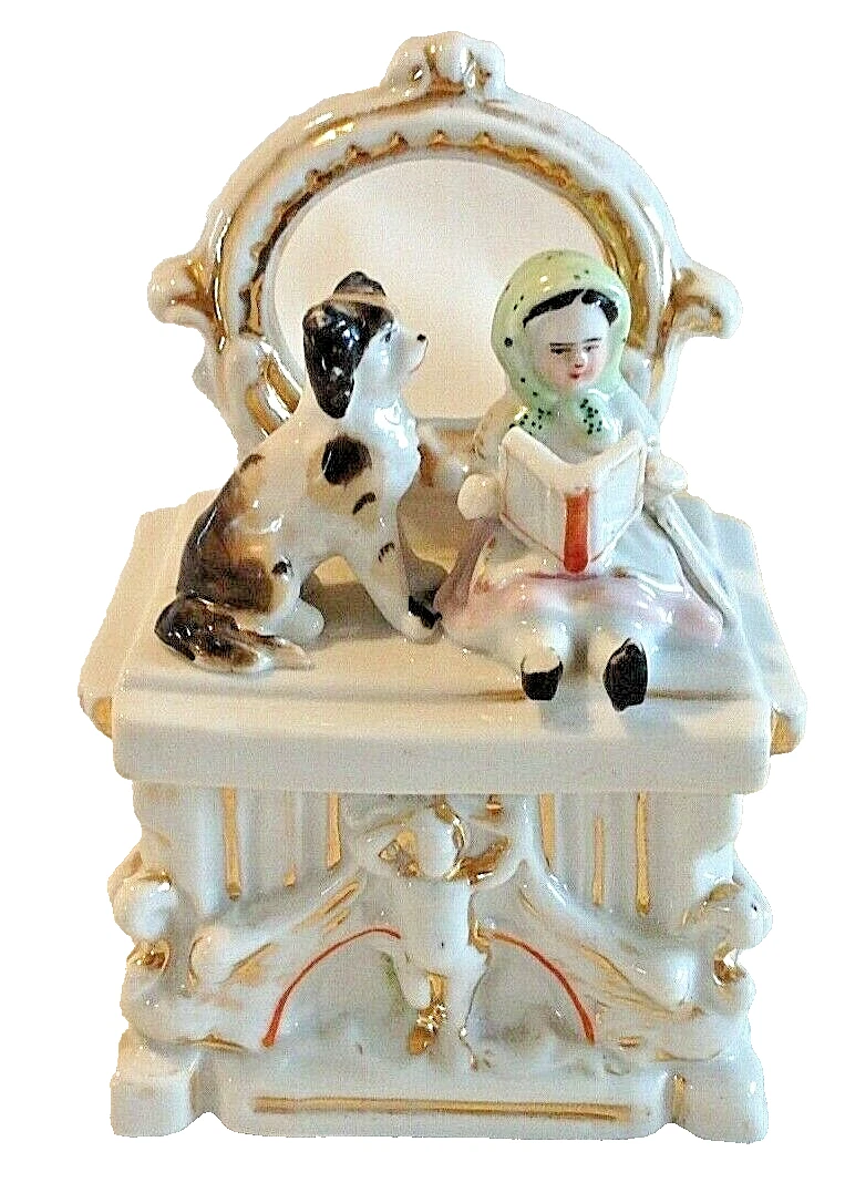 Antique Victorian ceramic fairing trinket pot little girl with dog book sla
