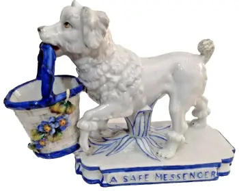 Antique Victorian fairing match striker and pot "A Safe Messenger" dog German