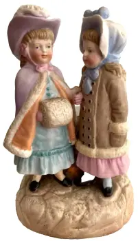 Antique Victorian German spill holder two little girls bonnets & Muff