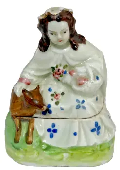 Antique large Victorian German Conti Boheme trinket pot girl and fox