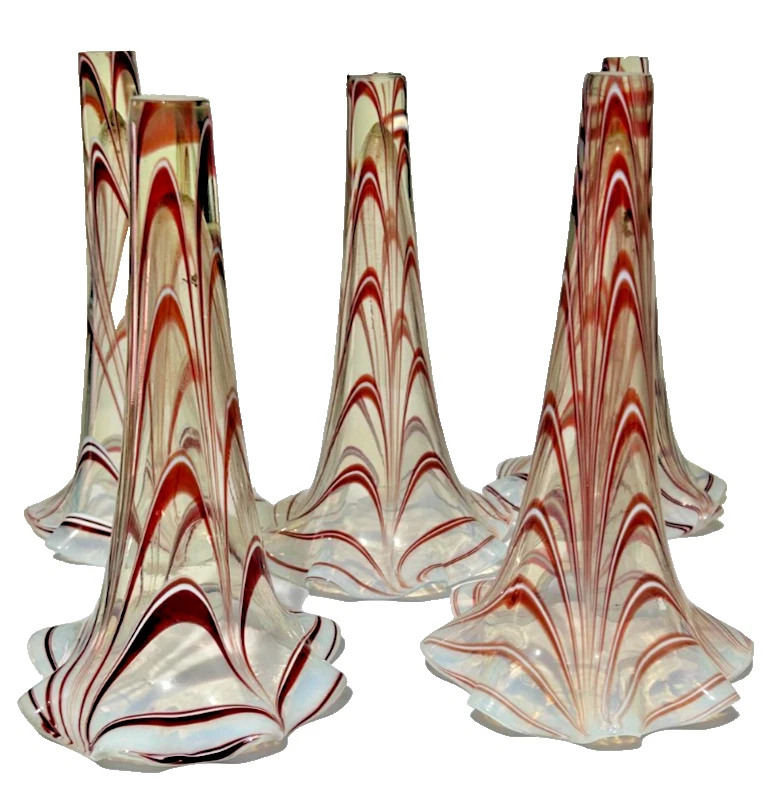 Antique Victorian Nailsea Vaseline swirl glass Eupergne flutes trumpets x 5