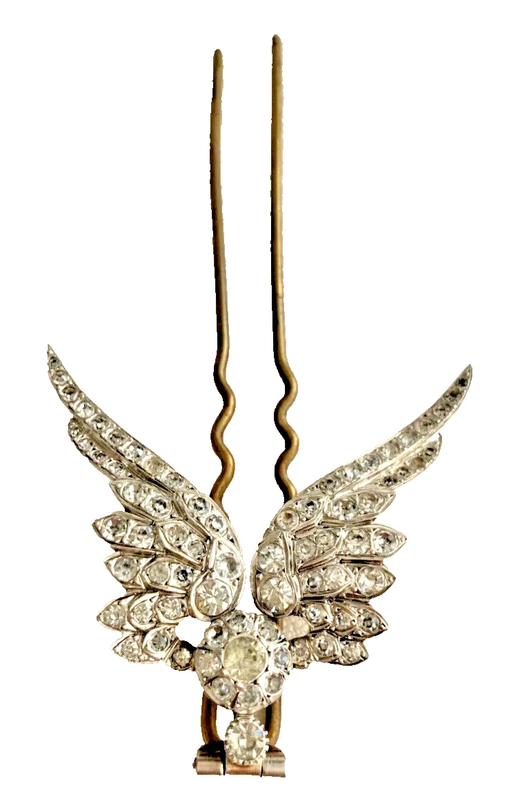 Antique Edwardian sterling silver hair comb aigrette wings pave set paste s