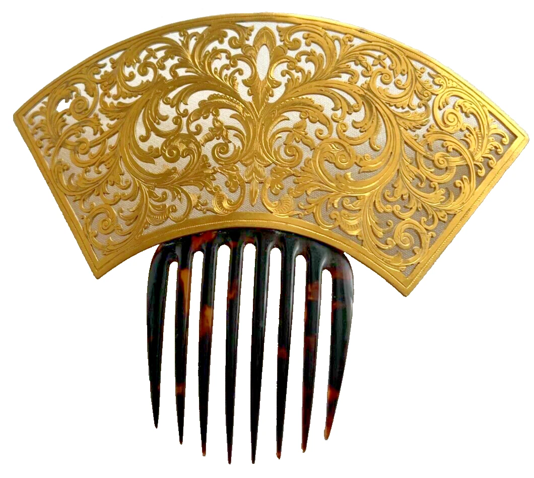 Antique large Victorian gilded gilt metal mantilla hair comb engraved fretw
