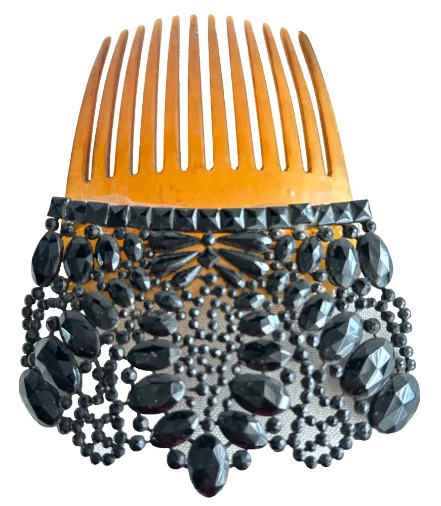 Antique late Victorian Edwardian French jet hair comb Vauxhall Glass Mantil