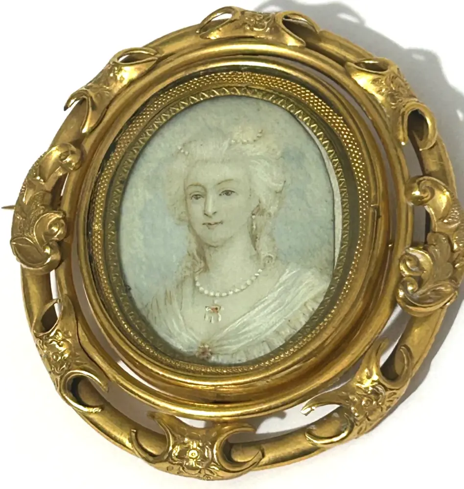 Antique large gilded Victorian swivel brooch miniature painting Georgian La