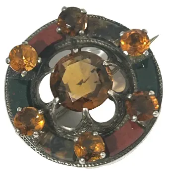 Antique Sterling silver Scottish Agate & Citrine brooch pin