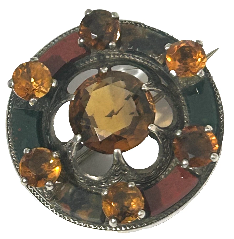 Antique Sterling silver Scottish Agate & Citrine brooch pin
