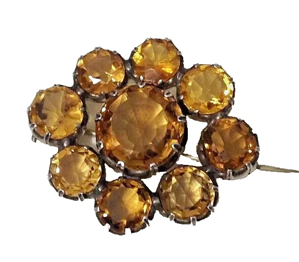 Antique Victorian large sterling silver Citrine gemstone cluster brooch