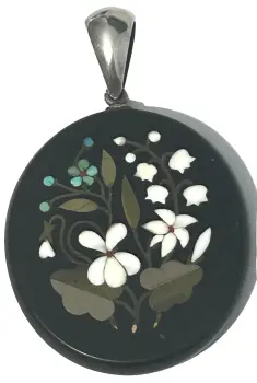 Antique Victorian Pietra Dura inlay forget me knot large pendant