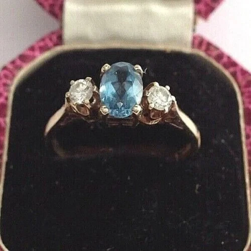 9ct yellow gold blue Topaz & Diamond ring size M