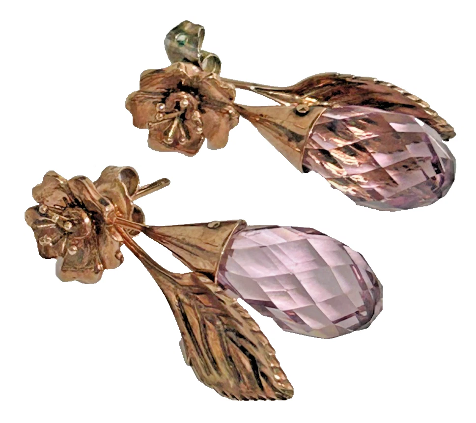 Sterling silver gilt Amethyst earrings drops detachable leaves flowers