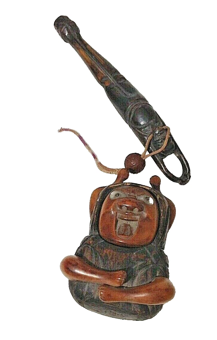 Antique carved Inro wood man bead holder with top Japanese