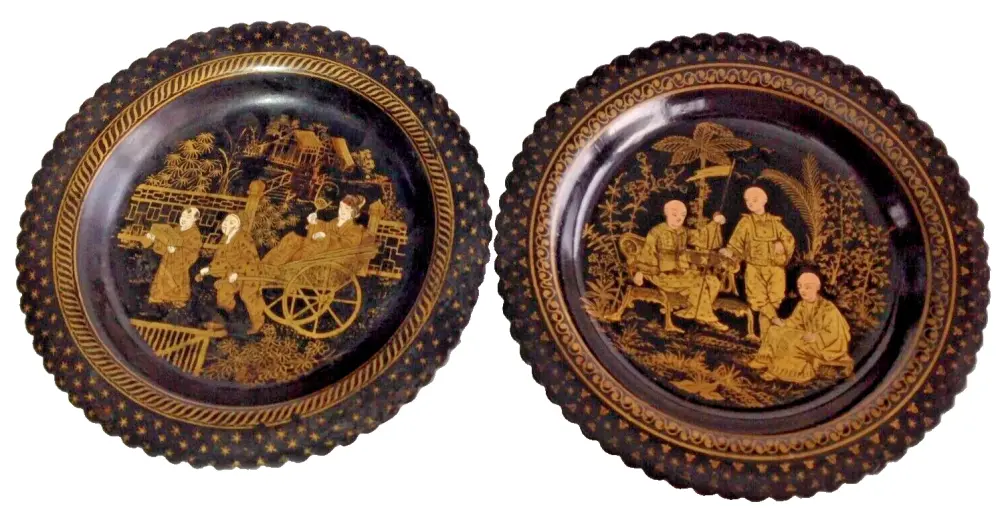 Antique Chinese laquer ware plates rickshaw lady fan imperial figures garde
