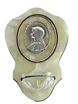 Antique Holy water font Mary Madonna silver enamel green marble bronze