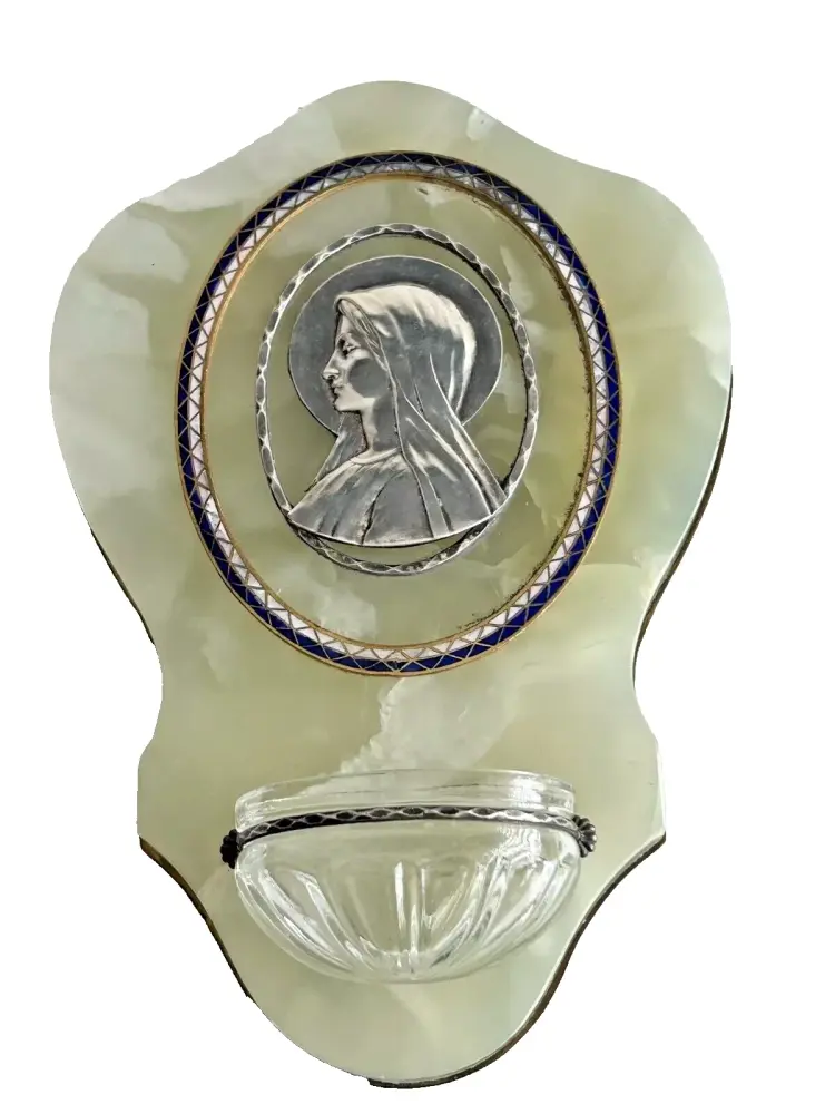 Antique Holy water font Mary Madonna silver enamel green marble bronze