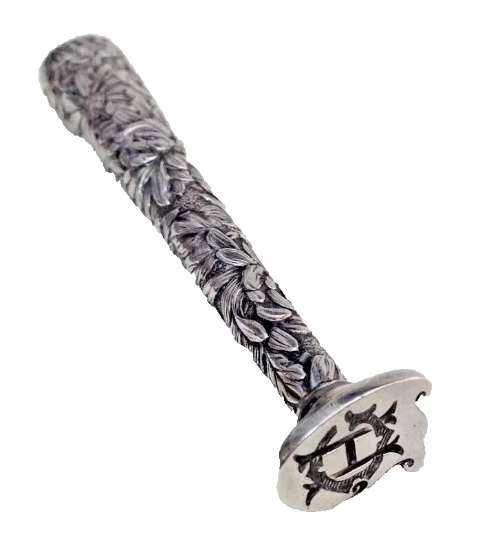 Antique sterling silver desk seal Arts & Crafts flowers embossed