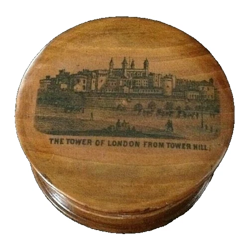 Antique treen Mauchline ware trinket pot The Tower of London from Tower Hil