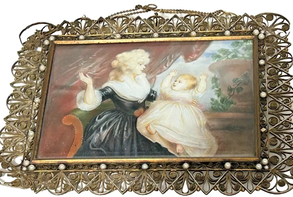 Antique painting on metal Duchess of Devonshire Princess Diana silver gilt 