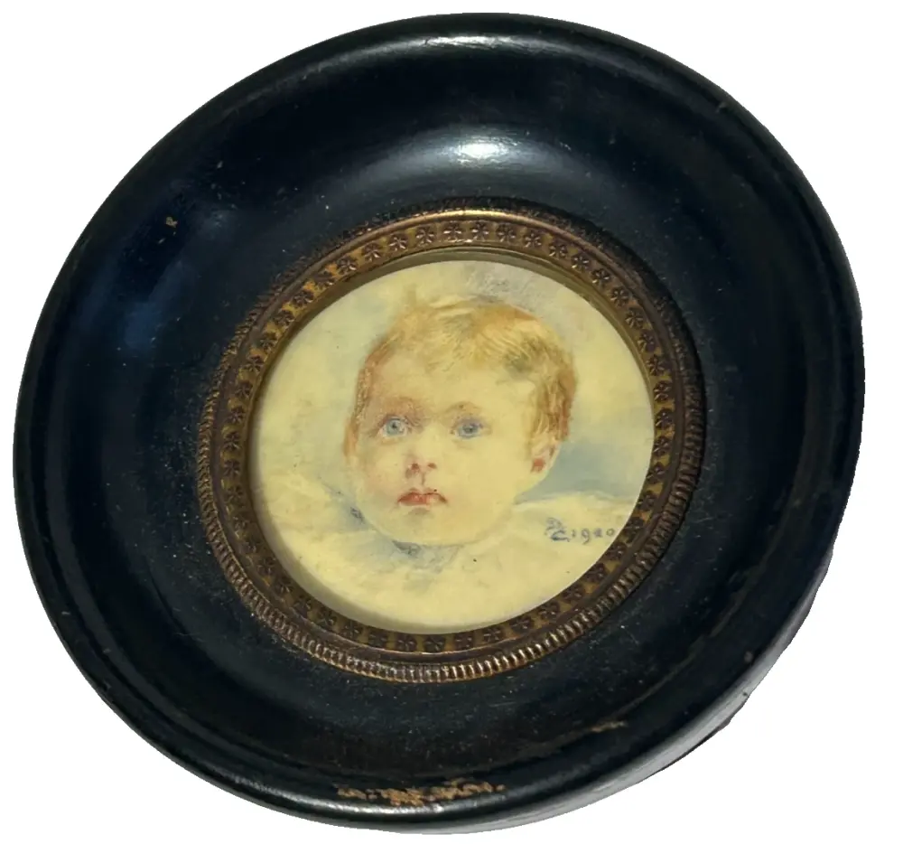 Antique painting child portrait miniature oval wood frame dated 1920