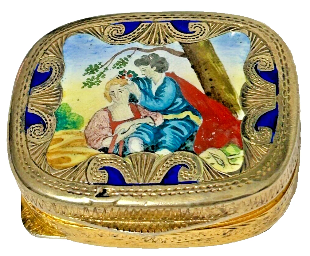 Antique continental 19th century sterling silver enamel gilded cachau snuff
