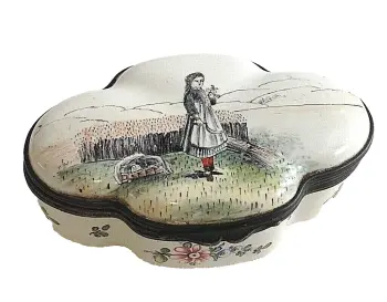 Antique trinket box gilded mounts flowers rural agricultural scene