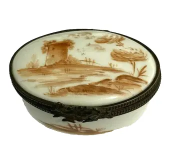 Antique Victorian pill or patch box with sepia tone castle keep design