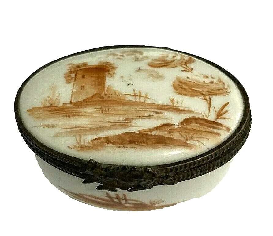 Antique Victorian pill or patch box with sepia tone castle keep design