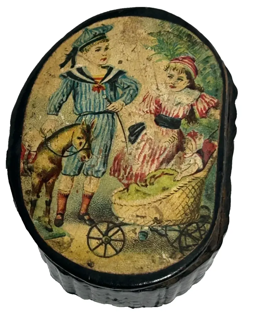 Antique 19th C Paper Mache Snuff Box Victorian children pony doll Papier Ma