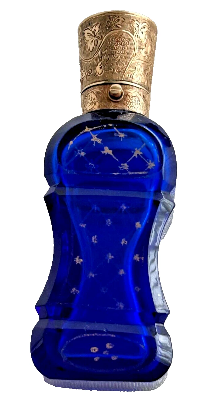 Antique Bristol blue glass perfume scent bottle 14 ct yellow gold top Dutch