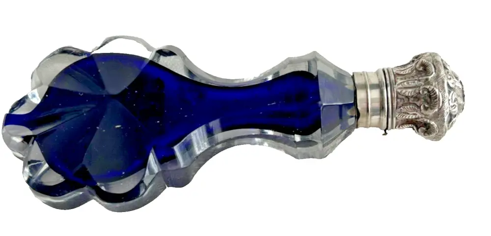 Antique Bristol blue teardrop glass perfume scent bottle silver top