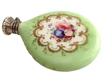 Antique ceramic hand painted Victorian perfume scent bottle pale green flowers