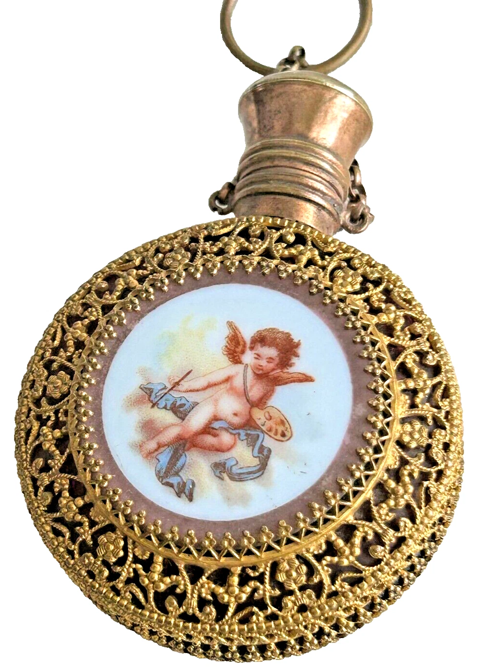 Antique filigree gilt cranberry glass cherub perfume scent bottle Victorian